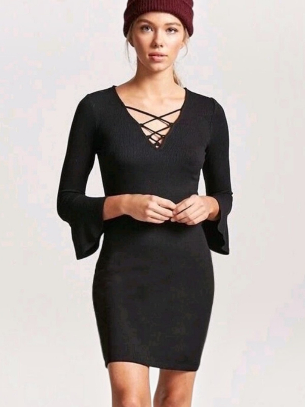 Ambiance Witchy Lace-Up V Neck Bodycon Dress